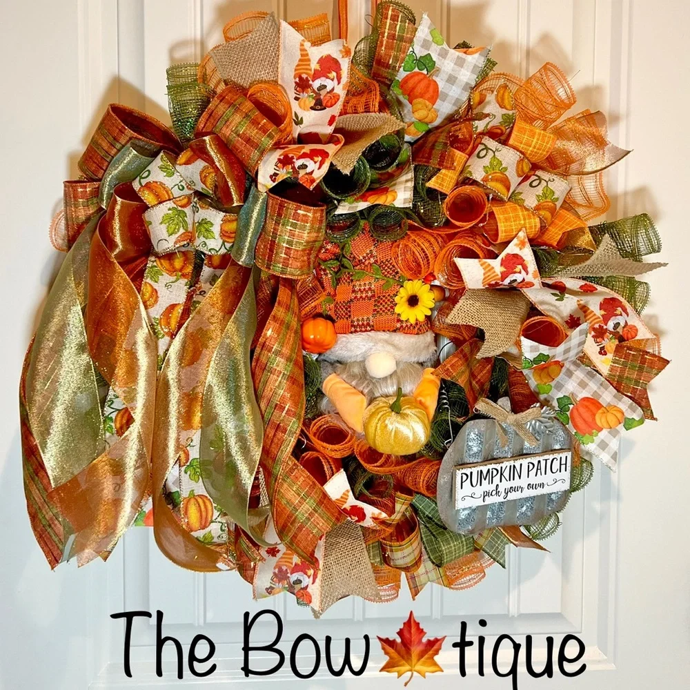 Autum Fall Ribbon Wreath Pumpkin Gnome Handmade 22 in’s. #W2